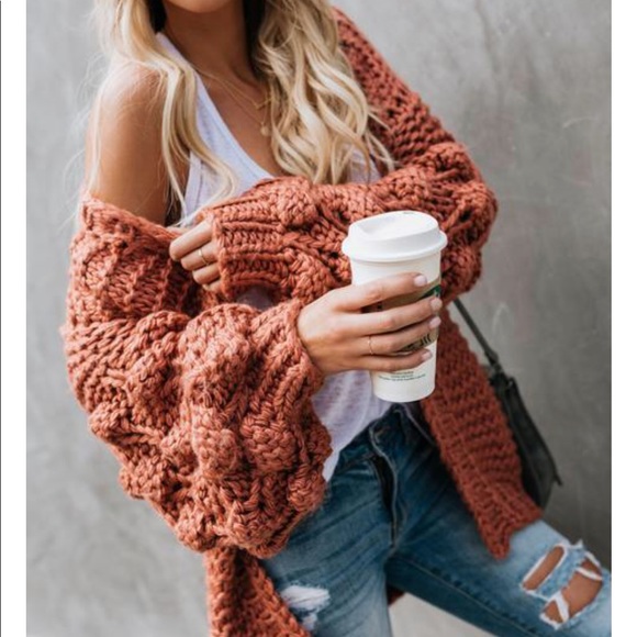 NWT Popcorn Sleeve Rust Handmade Cardigan - Picture 2 of 8